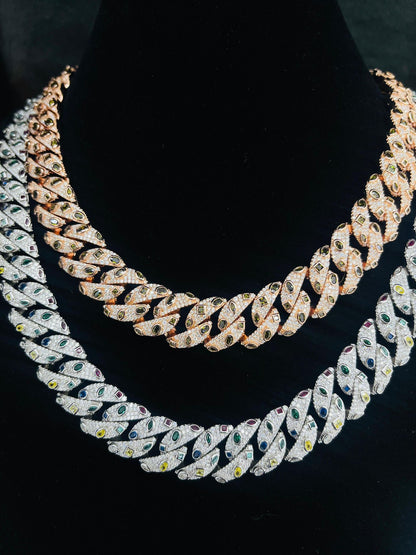 VS Moissanite Mosaic Raised Color Stone miami Cuban Link Chain